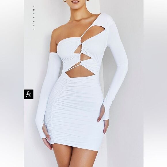 Mistress Rocks Mini Dress Womens Sz XS Long Sleeve Ice White  Straps Ruched NWT - Picture 1 of 14